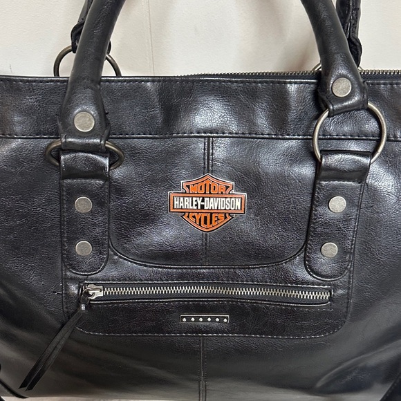 Harley-Davidson-Victoria Secret Black Leather Duffel/Tote Bag - Picture 2 of 15